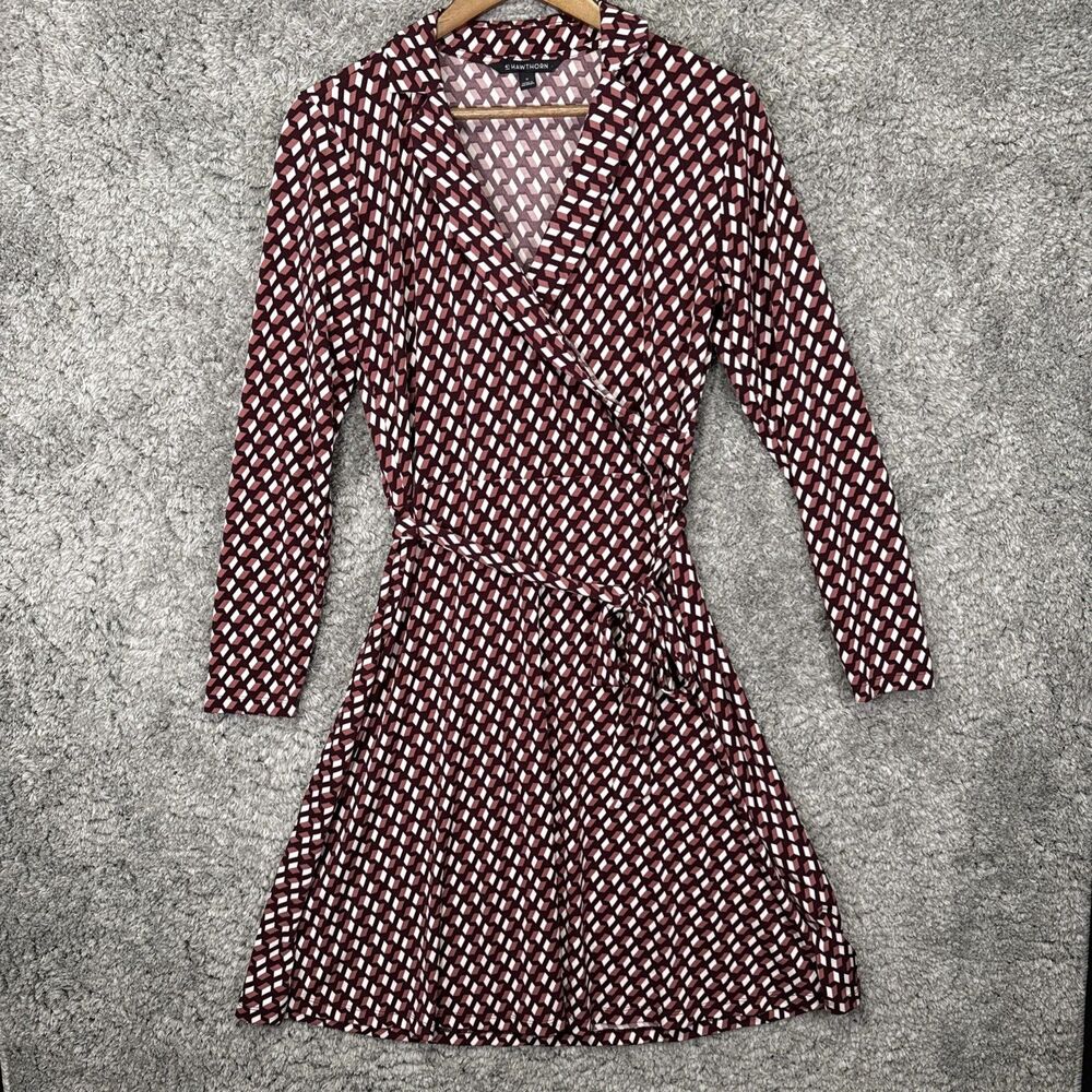 41 Hawthorne Geometric Faux Wrap Dress Midi Knee Length Medium Collared Stretch